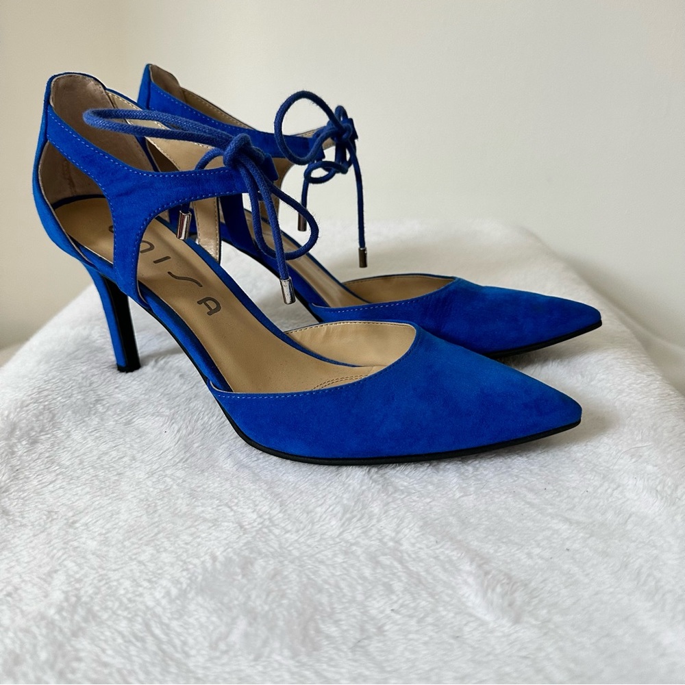 Unisa Royal Blue Suede Pointed-Toe Ankle Tie Heels - Picture 4 of 5